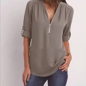 Deep female blouse with collar v, female tops-en, sexy pulrover with zipper, casual fashion, cool loose shirt, plus size, hot sale, 2024 8 Main sales blouse - №1