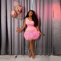 Pink Feathers Cocktail Dresses With One Shoulder Mini Women Aso Ebi Party Prom Dress Birthday Gowns