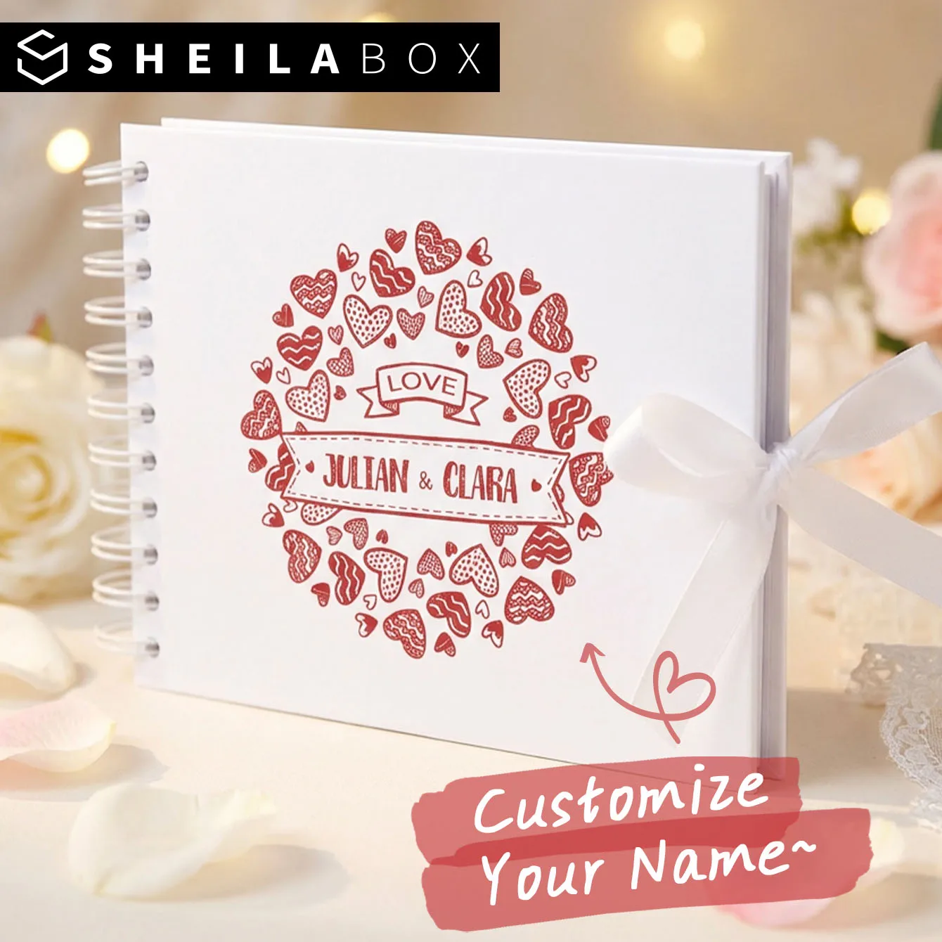 Livre d'or personnalisé Sheilabox A5, album souvenir pour amoureux, avec ruban et nœud, cœur rouge, pour mariage et anniversaire