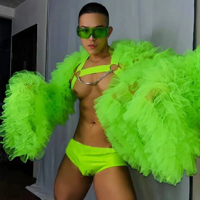 Bar Nightclub DS DJ Gogo Dancer Costume Men Fluorescent Green Fluffy Sleeves Coat Shorts Stage Sexy Pole Dance Outfit view 2
