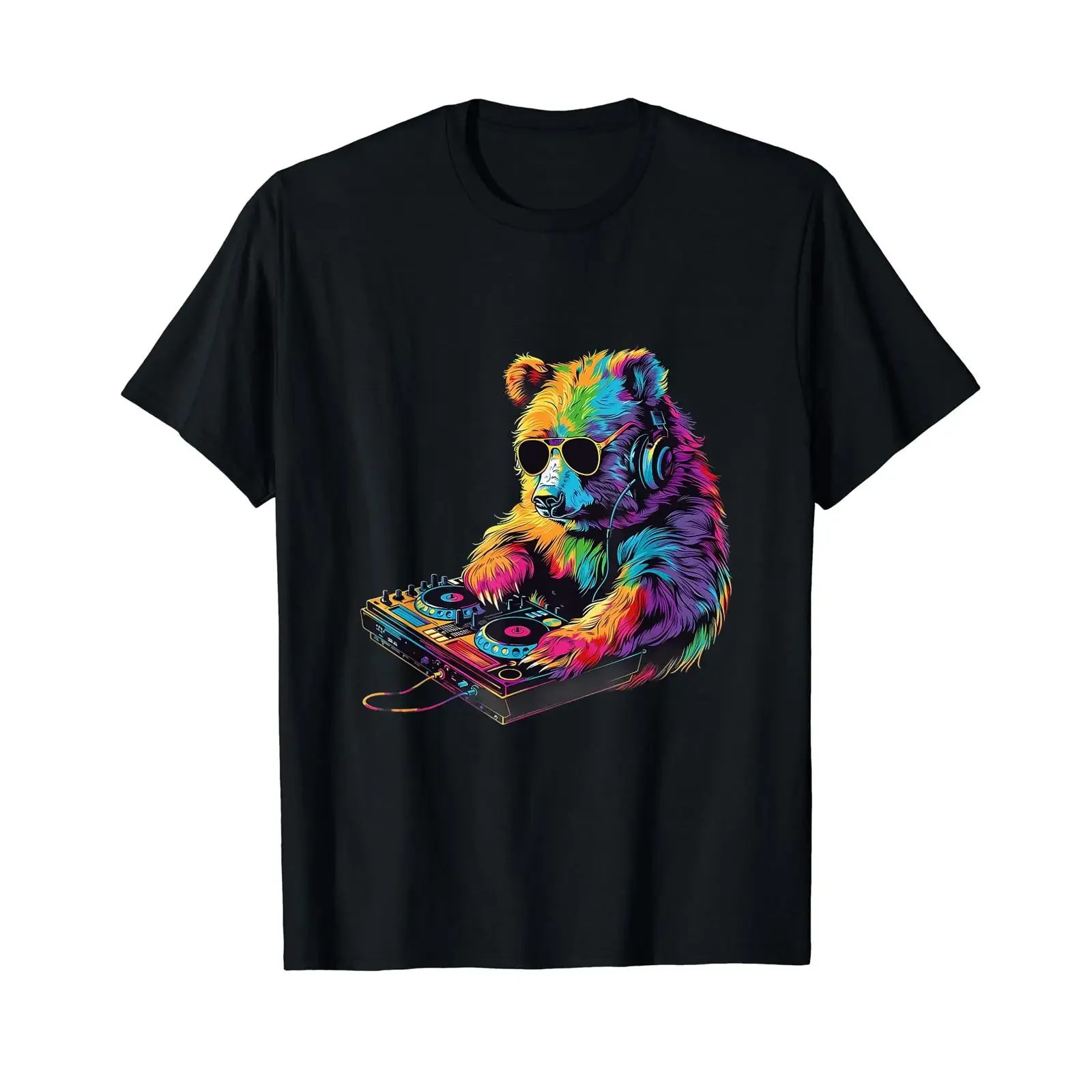 Bear DJ Beatmaker Turntable Music Producer Techno T Shirt vintage Washed Comfortable streetwear Soft homme Casual Breathable