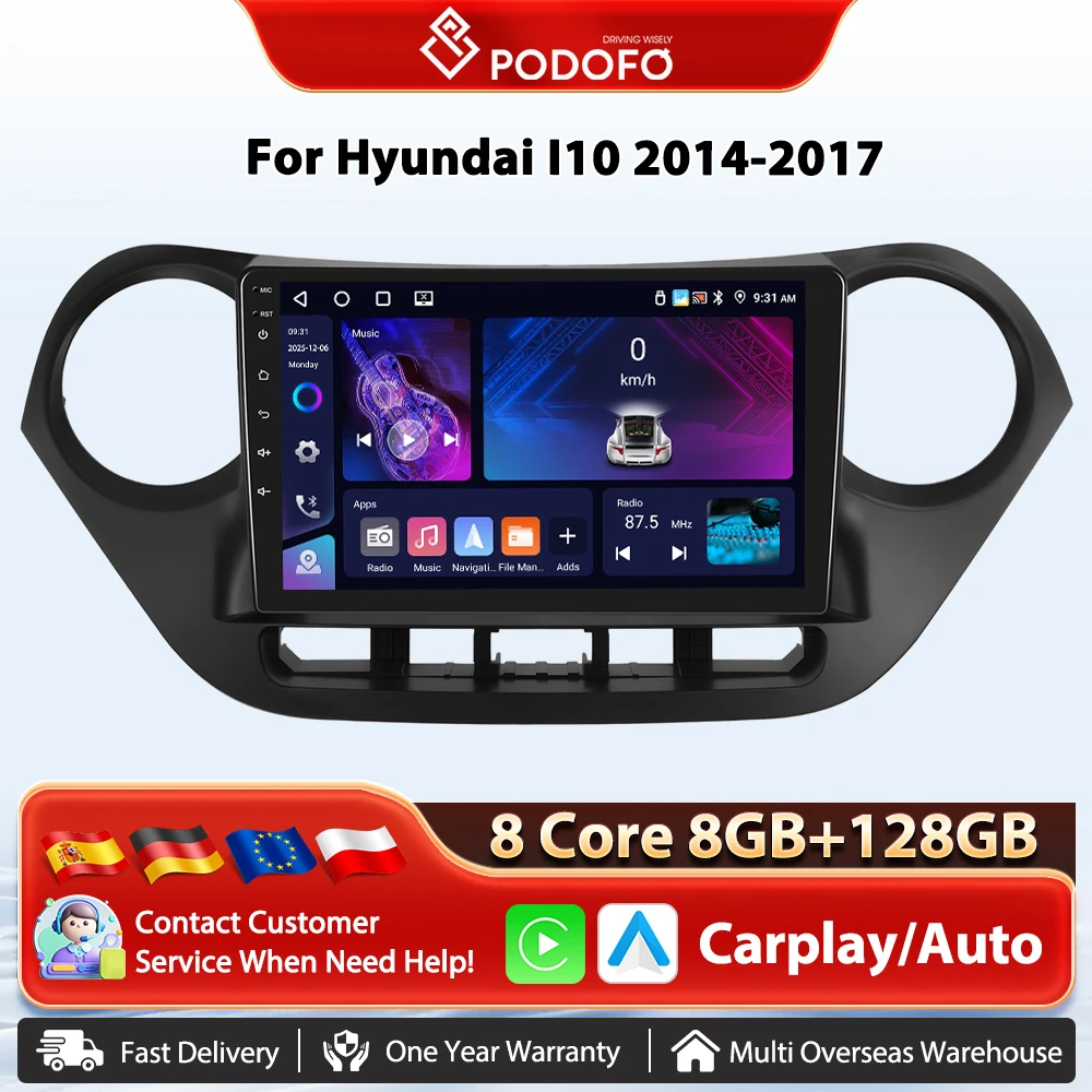 Podofo 9 pouces 4G WIFI lecteur de système Intelligent de voiture pour Hyundai Grand i10 2013-2018 sans fil Carplay Android Auto GPS autoradio