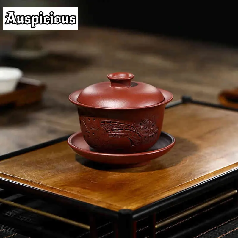 

170ml Yixing Purple Clay Gaiwan Teacup Handmade Landscape Ceramics Tea Tureen Bowl Chinese Retro Teaware Accessories Drinkware
