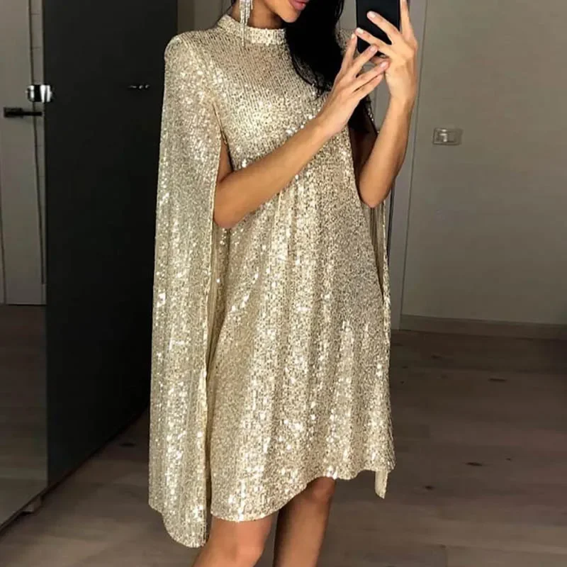 2024  European and American New Women's Cross-Border Hot Selling Small Stand Collar Sequins Dress Loose