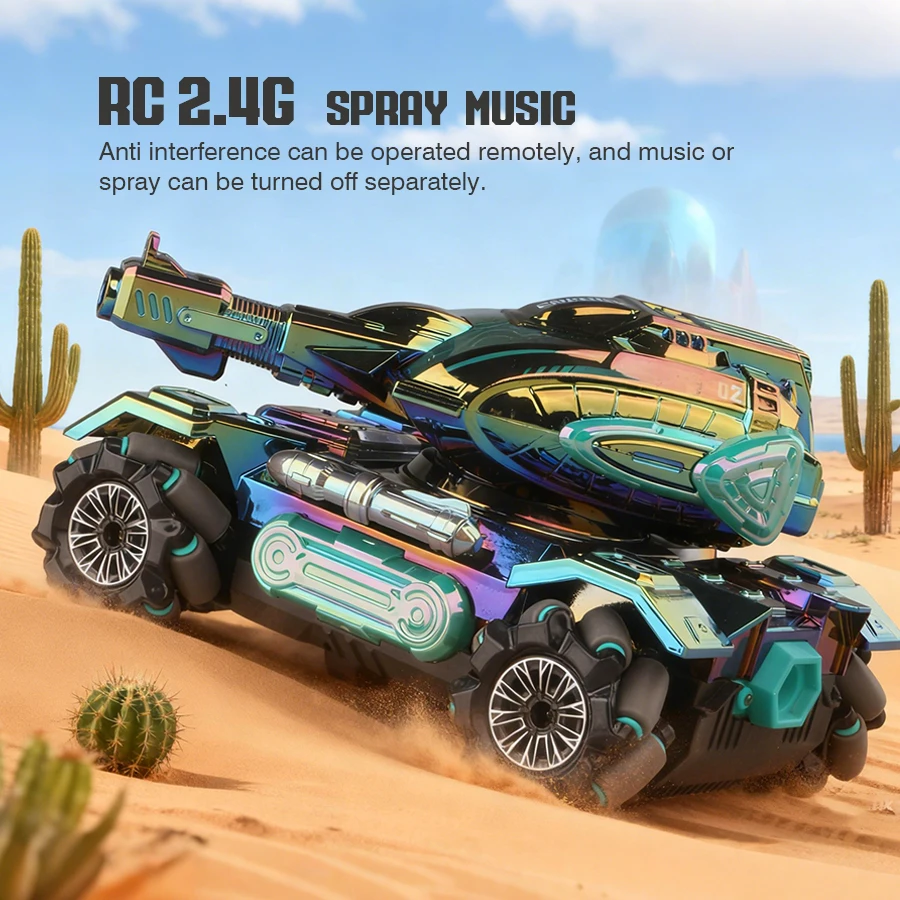 2,4 G 4WD RC Sci-Fi-Stunt-Tank – farbenfrohes LED-All-Terrain-Elektrospielzeug für Jungen mit Spray, Ton und simuliertem Start |   Geschenk