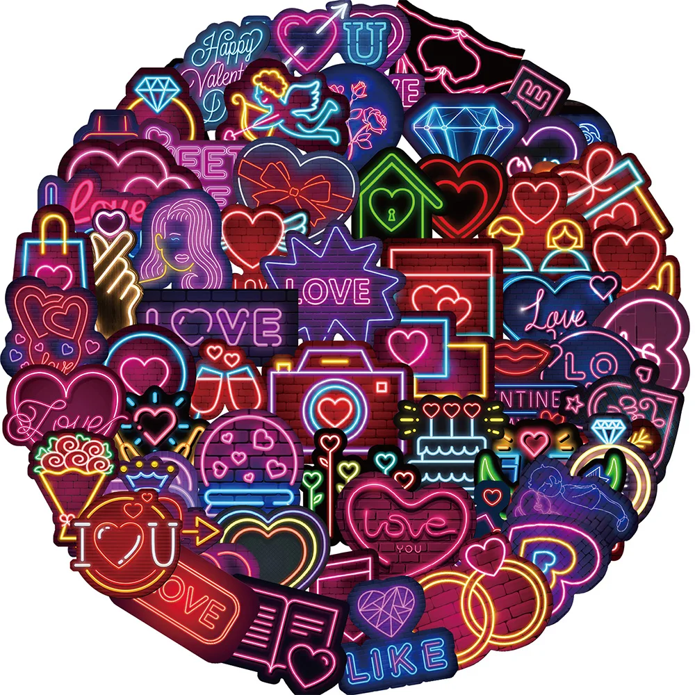 10/30/63PCS Neon Style Valentine’s Day Series Graffiti Love Stickers for Phone Case Laptop Cute Decoration Sticker Wholesale