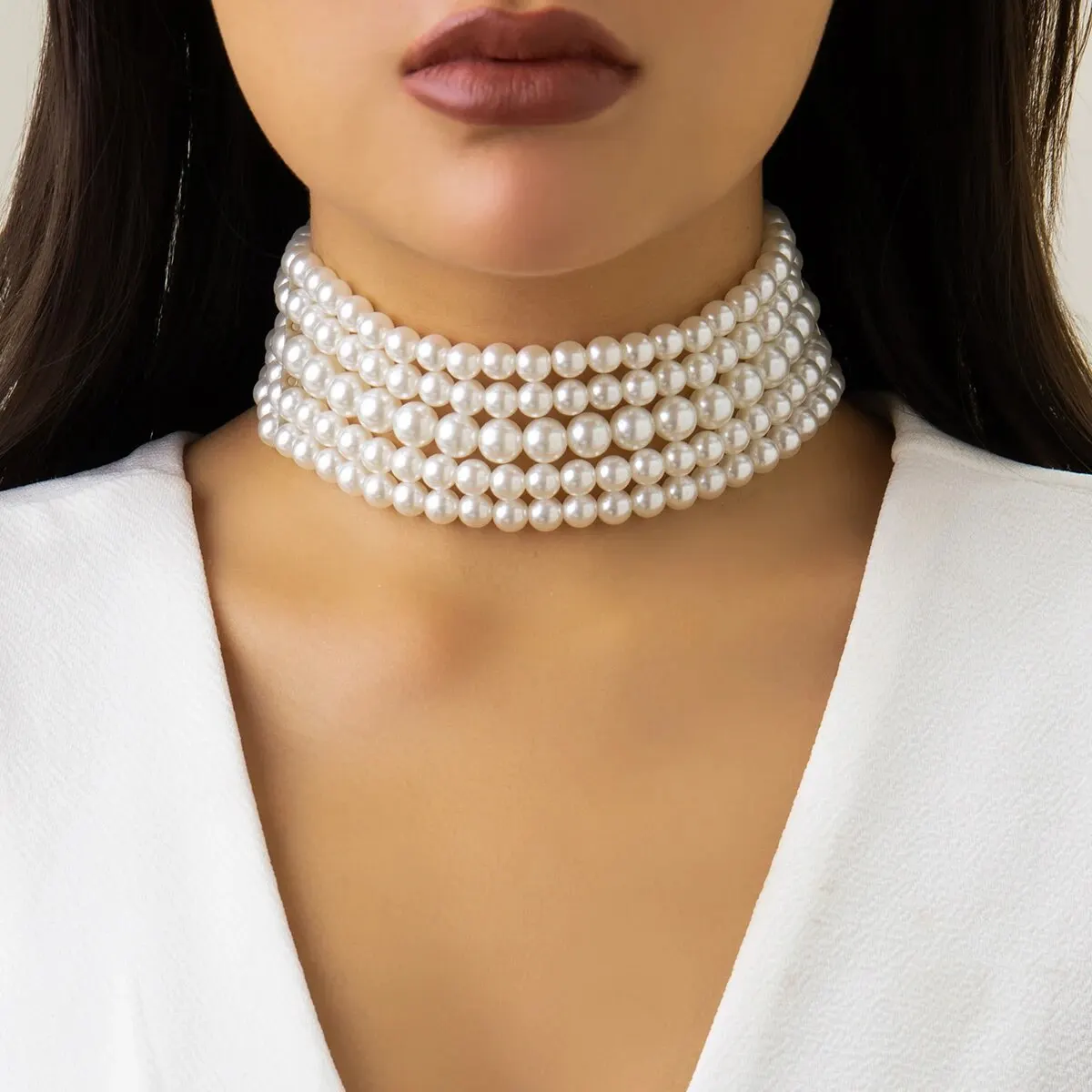 Vintage Imitation Pearl Multi-Layer Necklace Oval Beasds Choker Elegant Collar for Women\'s Chain Jewelry Accessories Party Gift