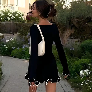 Longed sleeve dress with female pleated round collar, female casual dress, thin, pink, sexy, black, short, chic, party, elegant, new 6 Main Sales Long Pink Dress - №6