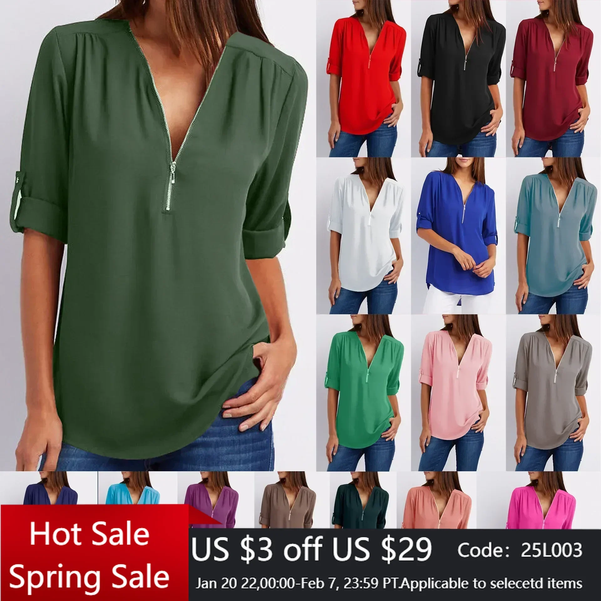 Summer Women Cool Loose Shirt Deep V Neck Chiffon Blouse Casual Ladies Tops Sexy Zipper Pullover Plus Size Long Sleeve Fashion