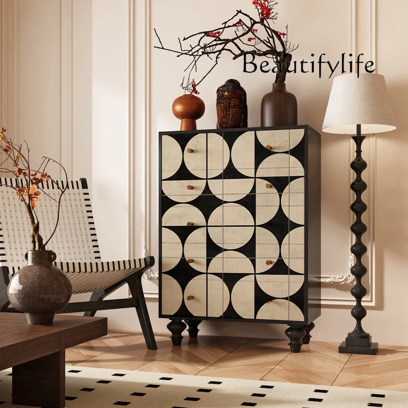 

French retro chest of drawers, living room against the wall, entrance decoration, solid wood cabinet storage, large-capacity pai