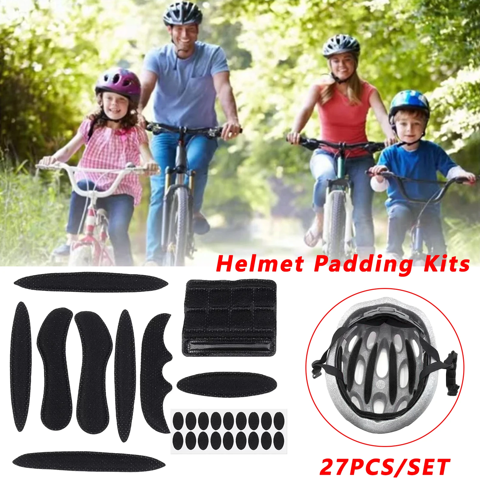 27Pcs/set Bike Helmet Padding Kits Sealed Sponge Replacement Motorcycle Bicycle Cycling Universal Outdoor Foam Pads Set Black