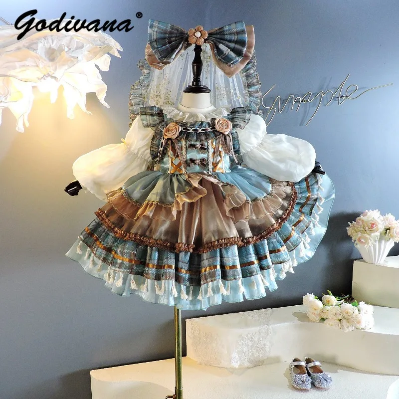 Little Girls Bubble Sleeve Plaid Lolita Dress 2026 New Children's Sweet Fashion Heavy Princess Dress Girls Birthday Party Dress