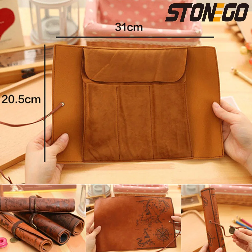 STONEGO Retro Treasure Map กระเป๋าดินสอยอดนิยมม้วนกระเป๋าสไตล์วินเทจกล่องดินสอม้วนดินสอกระเป๋า PU กระเป๋าดินสอกรณี