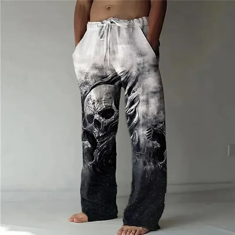 Men Summer Beach Pants Elastic Waist Drawstring 3D Skull Print Casual Streetwear Holiday Daily Loose Trousers Fashion Top