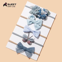 Bandas para el pelo para recién nacidos, bandana con lazo de flores de serie Azul, bandas elásticas de nailon suaves para el cabello para niños y niñas, accesorios para el cabello para bebés