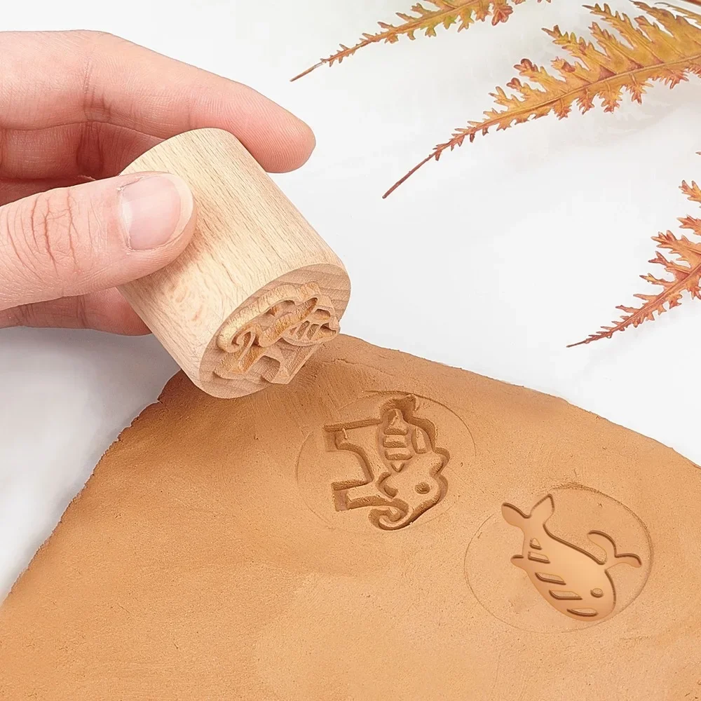 Clay Modeling Pattern Stamp Wooden Pottery Tool Wood Block Stamps Rolling Pin Textured Hand Roller Diy Ceramic Embossing Seal