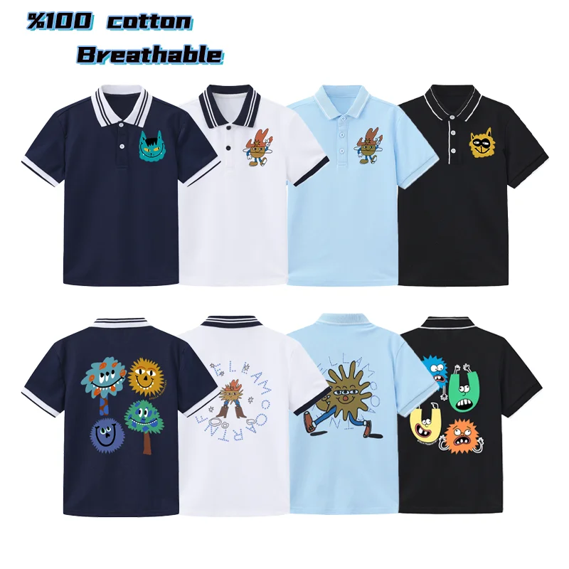 fashion Fun prints Children's short sleeve polo shirt boys summer clothes %100 cotton Cartoon monster streetwear Kids lapel Tops