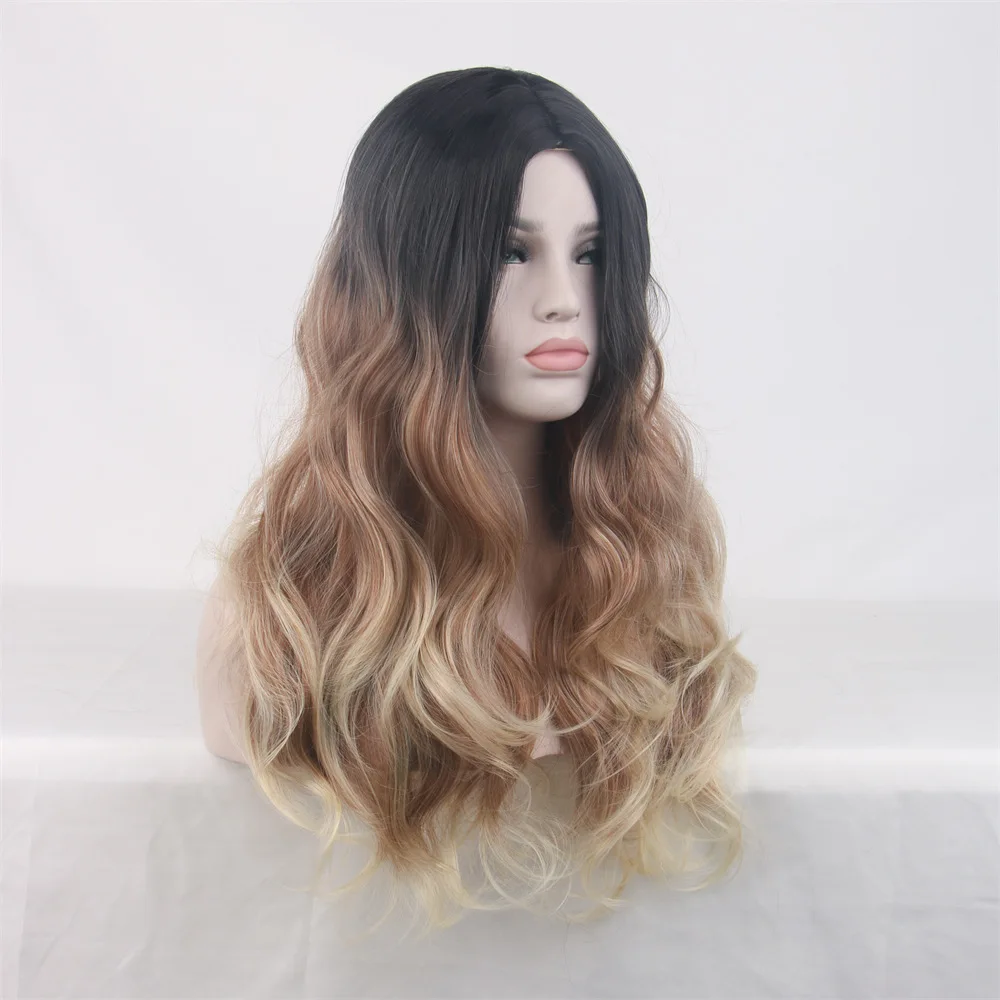 Heat resistant synthetic fiber high-temperature silk brown gradient women's split long curly wig full set