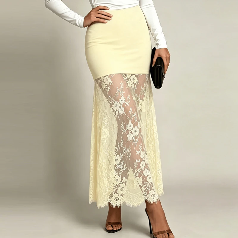 Fashion Elastic Waist Solid Fishtail Skirt Women Elegant Floral Lace Splicing Slim Fit Half Skirt Casual Commute Bodycon Skirts