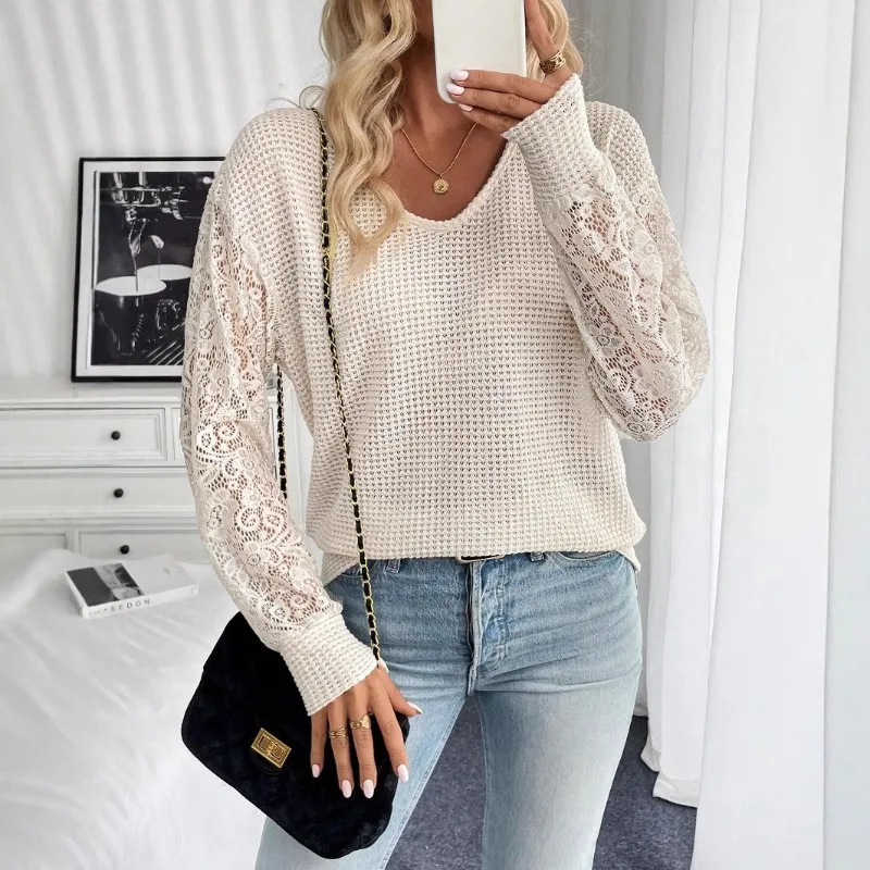 

2025 Autumn and Winter New Elegant Women's Solid Color V-neck Lace Splicing Long-sleeved T-shirt Top Women