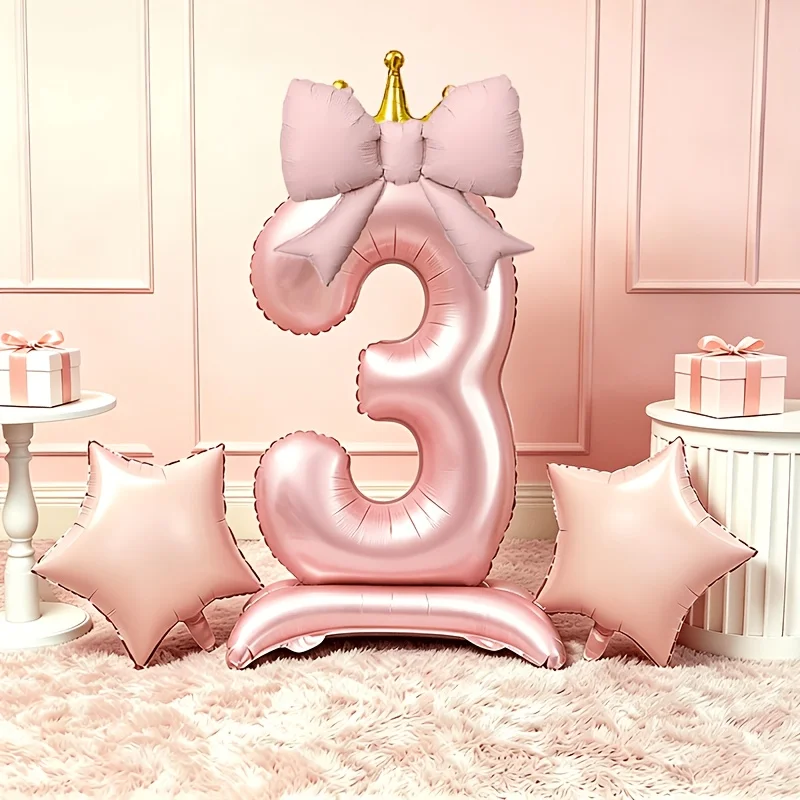 Ballons 3D rose clair de luxe 0-9, avec base et couronne, ensemble de ballons en aluminium nœud et étoile, kit de ballons décoratifs pour séance photo d'anniversaire, thème rose délicat pour les célébrations d'anniversaire, Noël, Halloween, Thanksgiving, fournitures pour les fêtes.