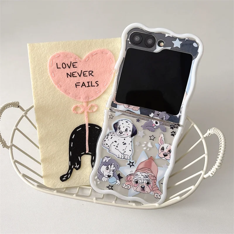 삼성 갤럭시 ZFlip 5 6 5G Flip5 ZFlip6 4 3 한국어 카와이 웨이브 안티 폴 백 케이스 용 팔찌 전화 케이스가있는 귀여운 스타 강아지