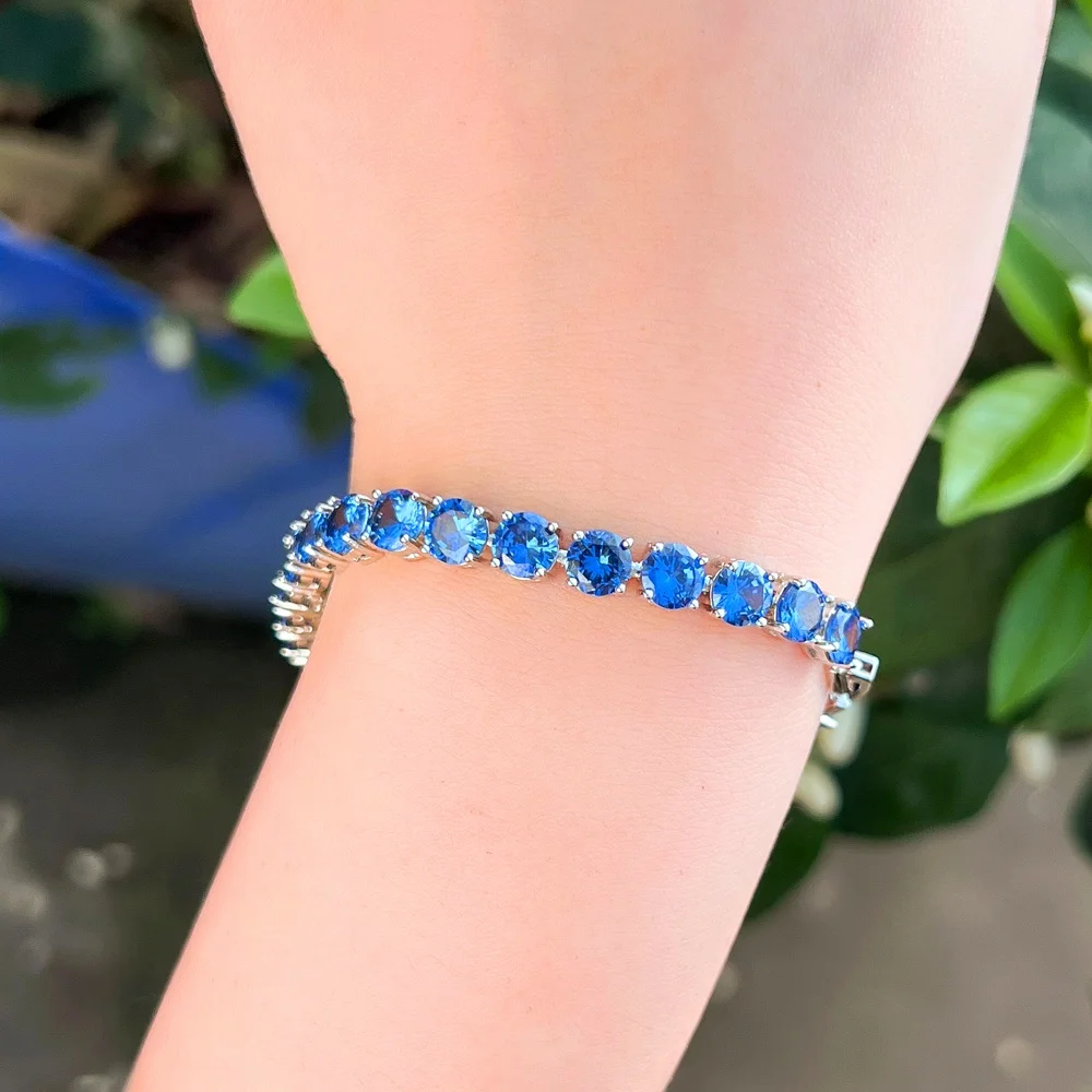 Pera Royal Synthetic Tanzanite Blue Tennis Bracelets for Women Luxury Silver Color Crystal Hand Chain Jewelry Friend Gift B202