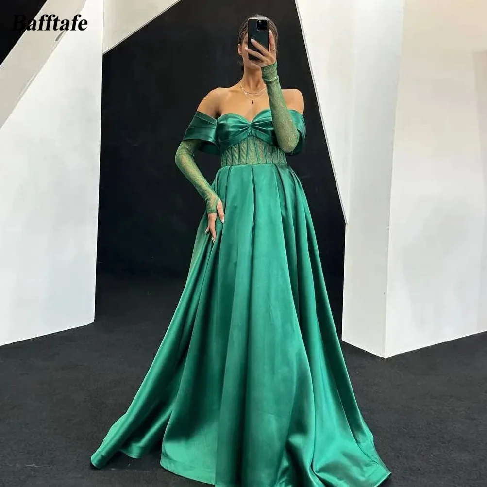 

Bafftafe Green Satin Arabic Women Prom Dresses Lace Long Sleeves Bone A Line Women Special Party Dress Evening Gowns Formal Wear