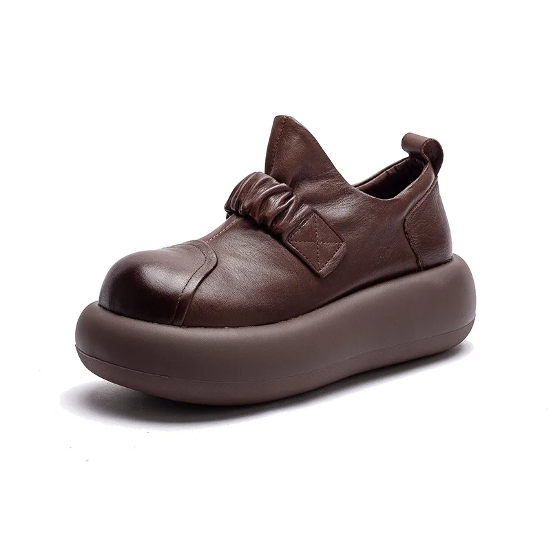 5.5cm Cow Genuine Leather Round Toe Pumps Comfy Shoes Platform Wedge Flats Elastic Rubber Elthnic Retro Women Mary Jane