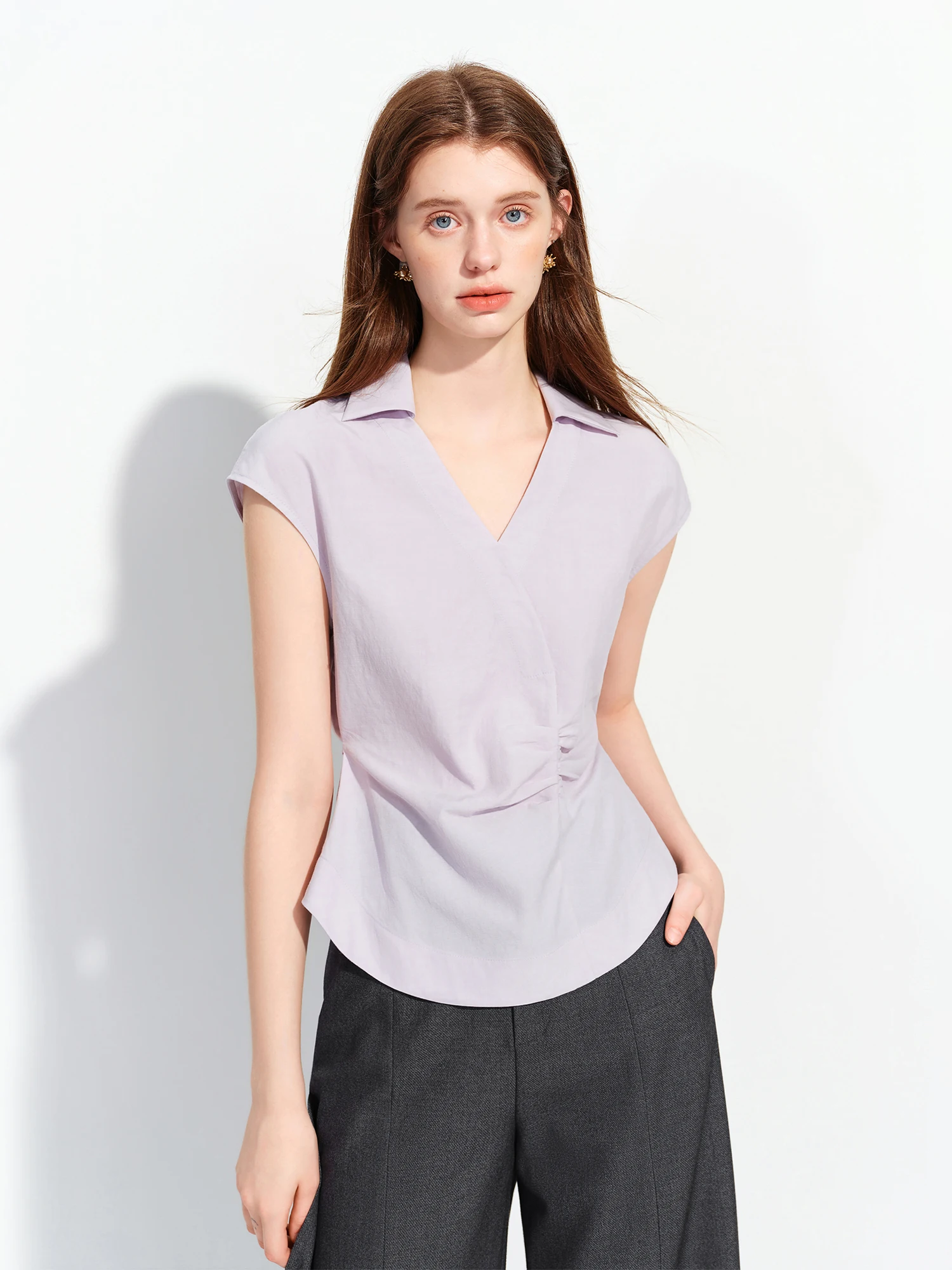 FSLE 2026 Sommer Damen Leinen- & Lyocell-Mischgewebe V-Ausschnitt Bluse mit Kurzarm - Taillenbetonende Passform für Büro und Alltag – Detail 6