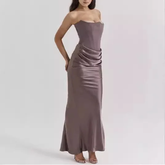 XY23566 صيف جديد الخصر مقصوص Bodycon طويل الساتان صديرية دائرية مطوي المرقعة فستان المرأة الموضة