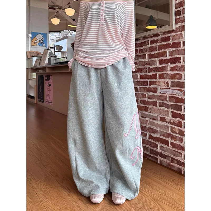 سراويل نسائية رمادية فضفاضة المظلة الخريف Sweatpants مع شريط مرن Harajuku اليابانية 2000s نمط Y2k خمر بنطلون الملابس