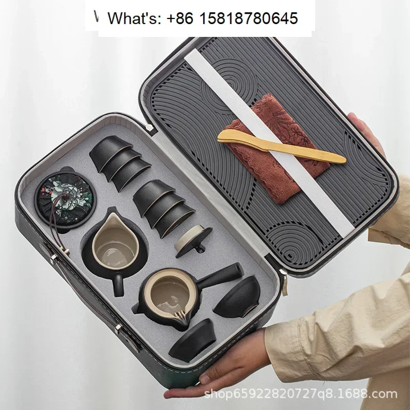 Complete set of tea set with high-end leather box, tea tray, star rated hotel outdoor camping, homestay, guest room tea set