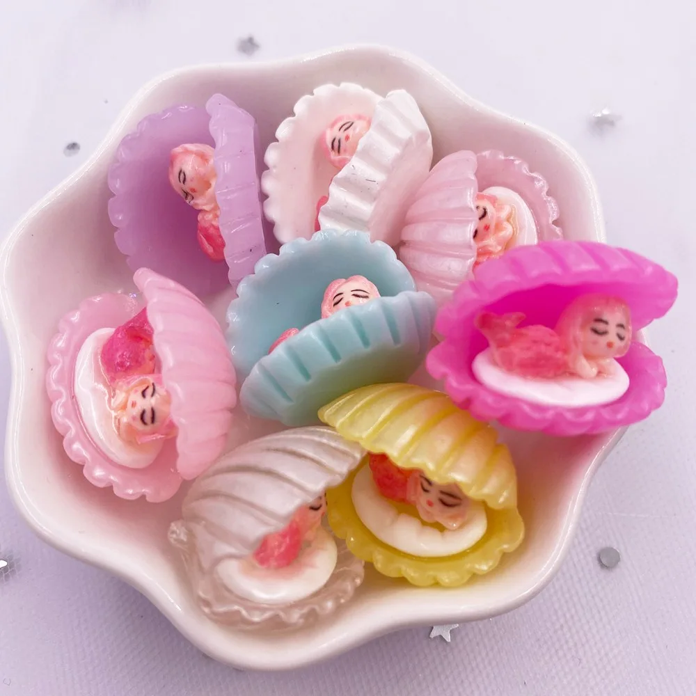 7PCS Colorful Resin 3D Open shell Mermaid Flatback Cabochon Scrapbook DIY Accessory Home Decor Figurine Crafts OM131 C