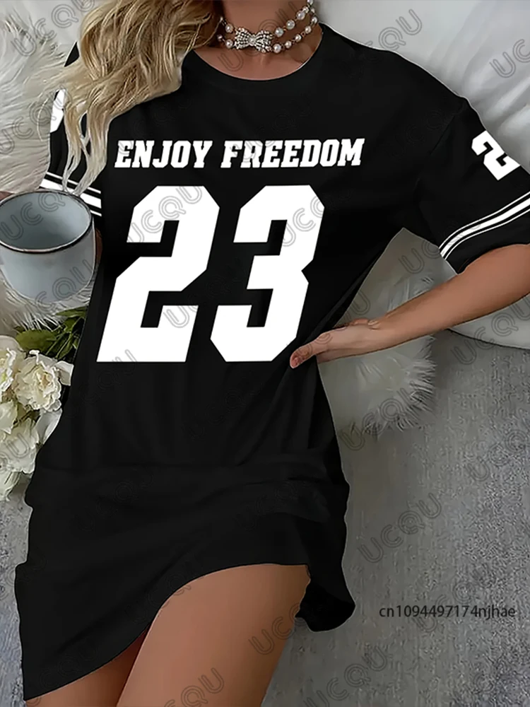 2025 verão novo preto desfrutar liberdade 23 impresso feminino manga curta camiseta vestido hawaii férias casual esportes moda vestido