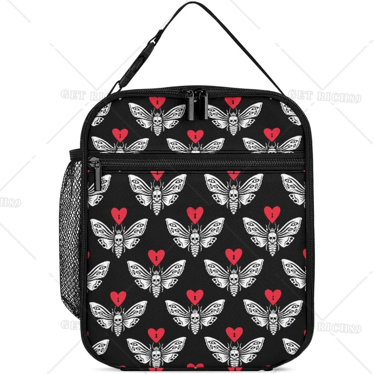 Goth Moth with Love Heart Insulated Lunch Bag for Women Men, Reusable Lunch Box for Work Office Picnic Travel Cooler Tote Bag