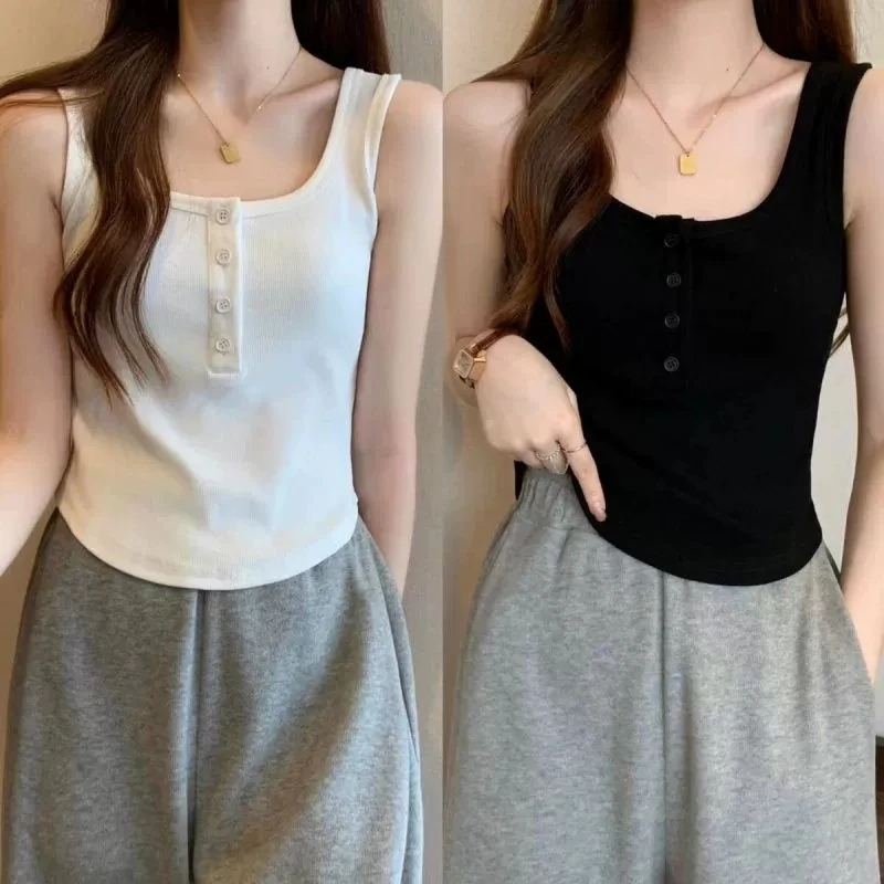 Women's Solid Color Spaghetti Straps Sleeveless Slim Camisole with Chest Pad Summer Wear Outside Female Short Tops Vests