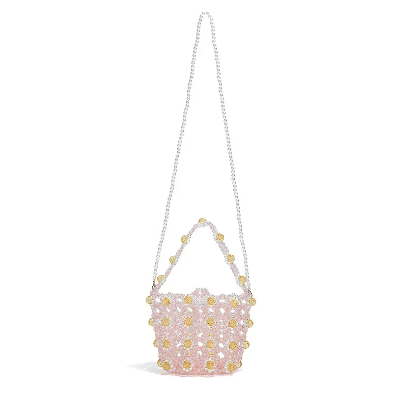 Round Hollow Beaded Single Shoulder Crossbody Bags Small Fresh Handmade Beaded Little Daisy Handheld Bucket Bag Customization