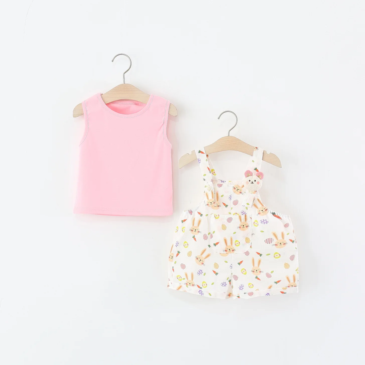 

2pc/Set Baby Sets Summer Solid Color Short Sleeve And Cartoon Rabbit Bib Pants Children Clothes Cute Casual Girl Outfit