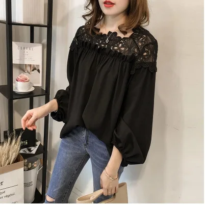 Women T Shirts Vintage Spring Hole Tees Autumn Lace Crochet Patchwork Sexy Tops Warm Blouse Top Casual Full Long Sleeve Shirt