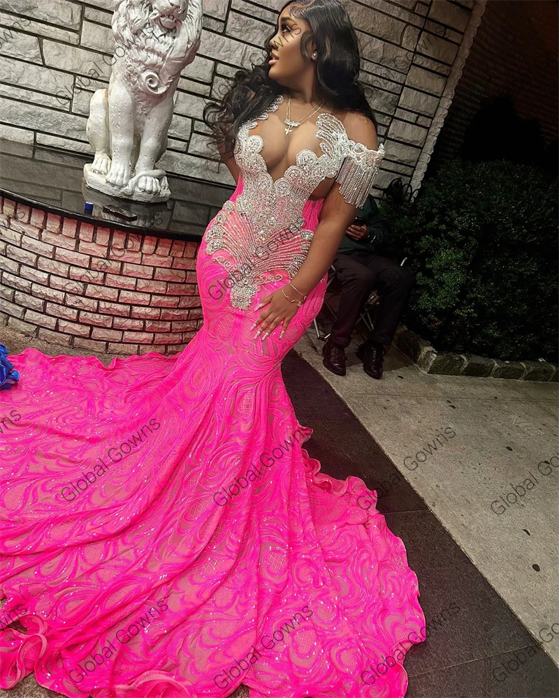 Pink Off Shoulder Long Prom Dress For Black Girls 2024 Beaded Crystal Tassel Birthday Party Dresses Evening Gowns Customized image 2