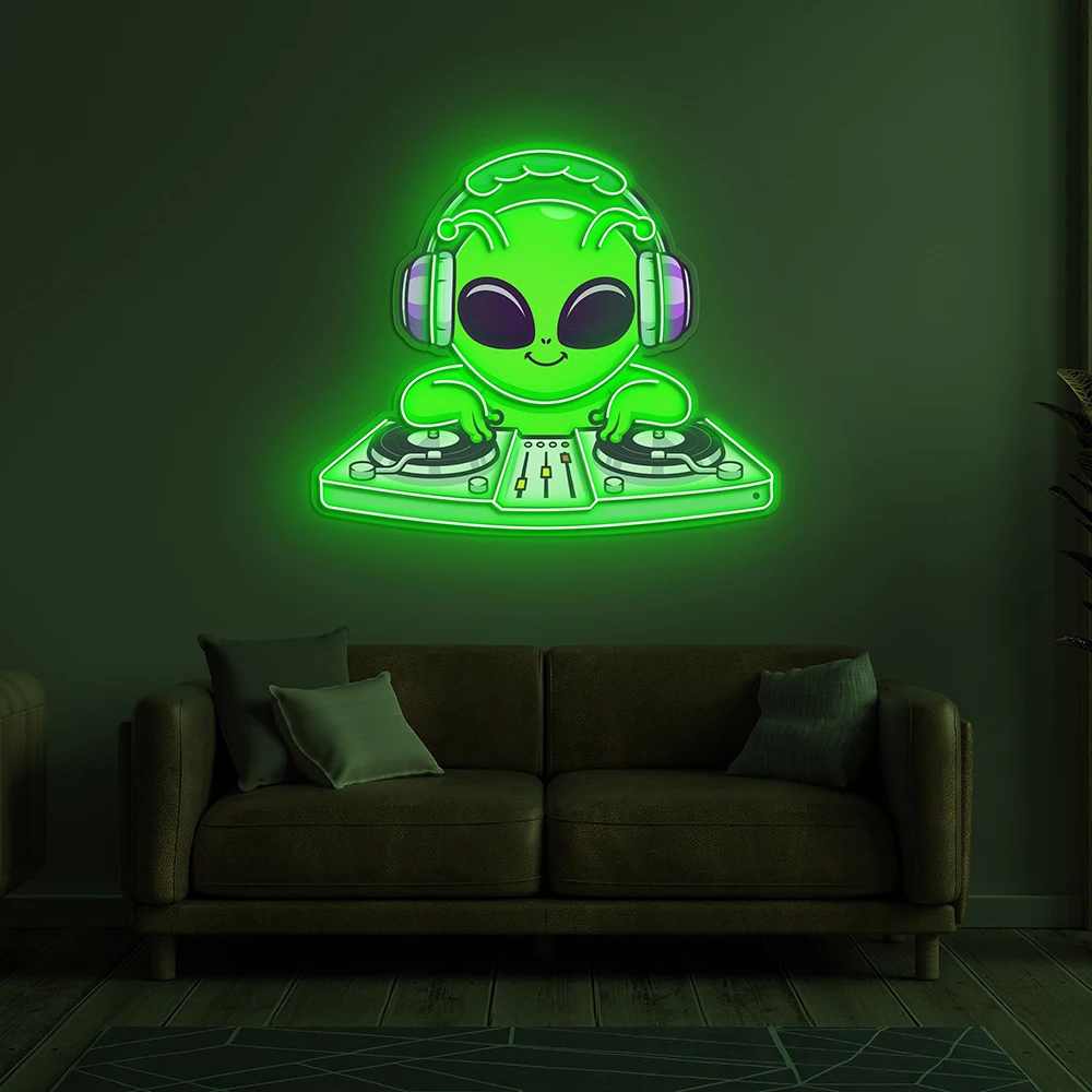 Alien Playing Dj Neon Sign Gaming Room Kids Room Wall Decor Custom Sign Music Bar Club Home Wall Art Decoration Led Neon Light