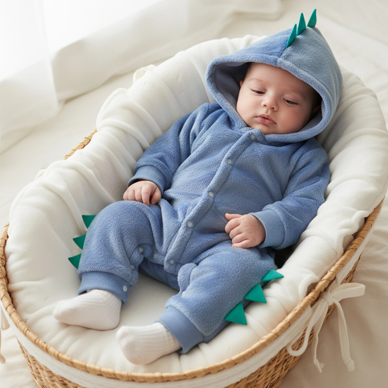 Winter Baby Boy Dinosaur Romper Cute Fashionable Contrast Color Long Sleeve Hooded Jumpsuits Baby Warm Fuzzy Playsuits