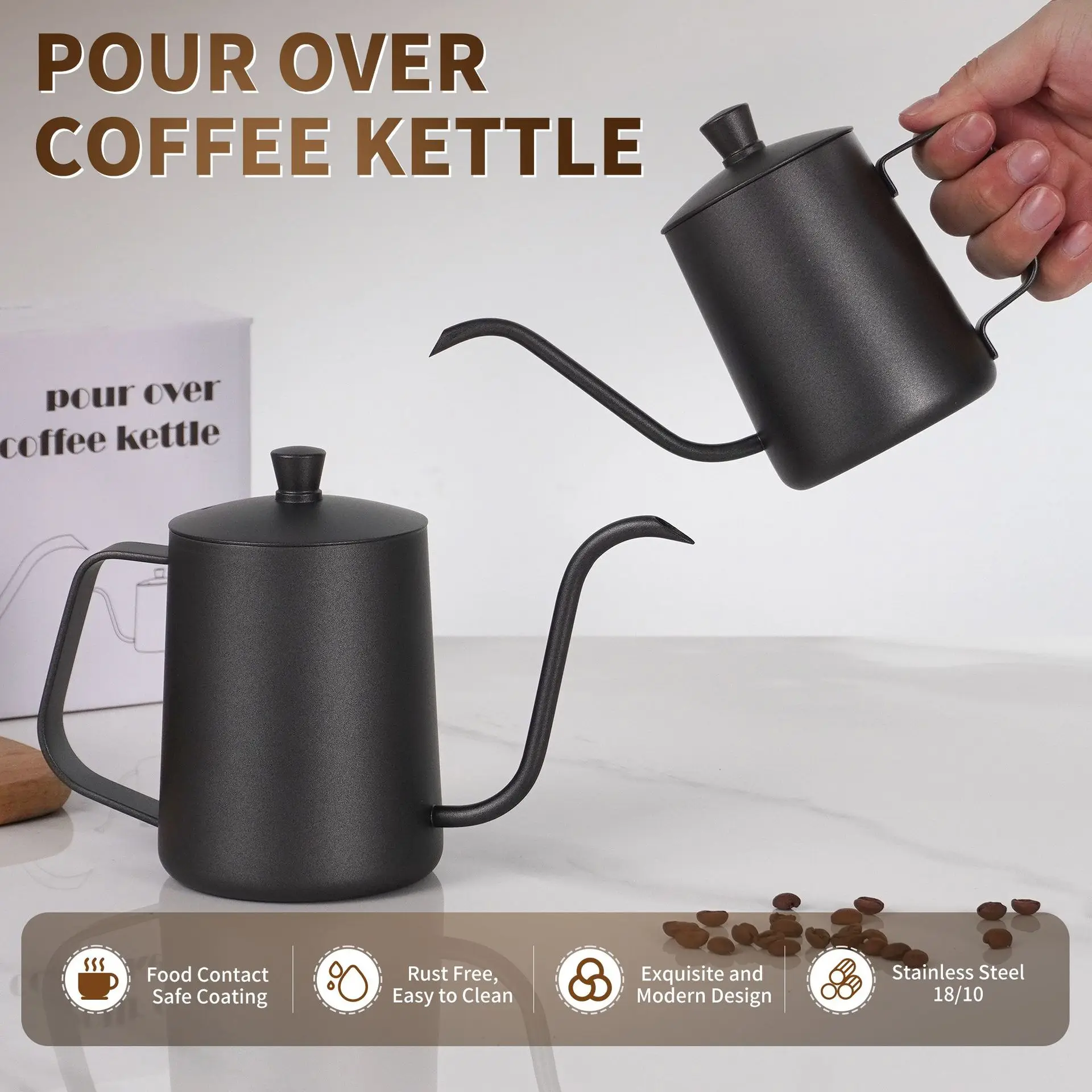 

Ручной кофейник, бытовой кофейник из нержавеющей стали 304, с крышкой, черный ручной кофейник с узким горлышком