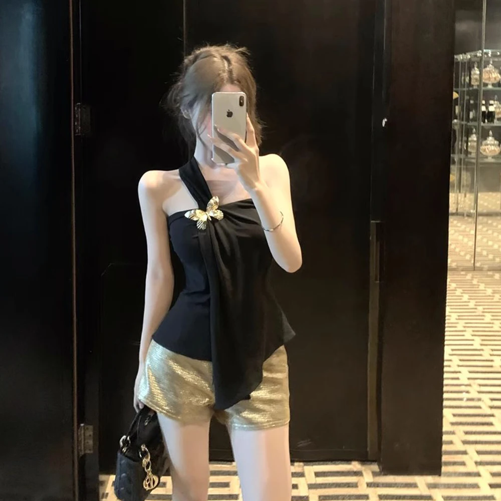 2024Summer New One Shoulder Vests Ladies Slim Crop Tank Tops Elegant Female Casual Butterfly Strapless Sexy Black Camisole Women