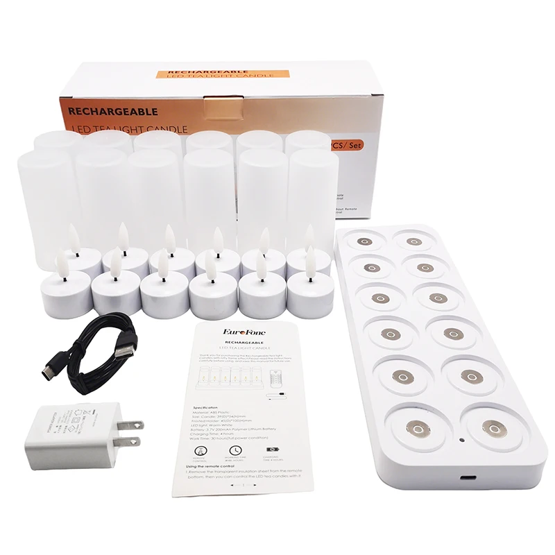 Set of 12 Flameless Candle w/timer Remote Magnetic Charging Base Rechargeable LED Tea Light Candles Outdoor Lantern Wedding Deco