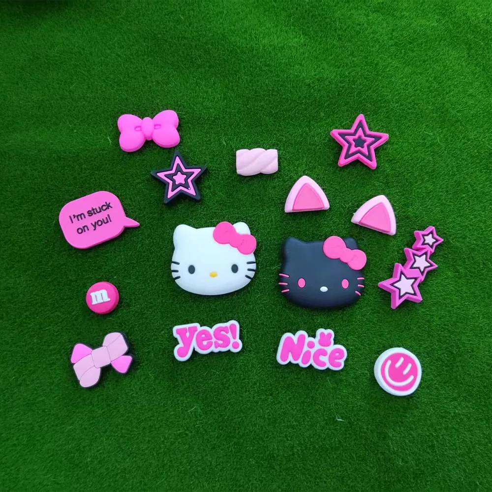 15pcs Pink Black Kitty Cat Cartoon Series ​for Shoe Charms pvc DIY  Shoe Accessories for Classic Clog Shoe Decoration Kids Gifts