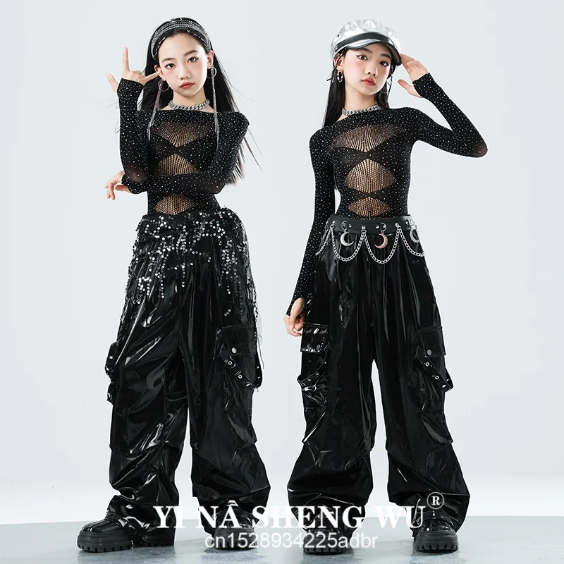 Kpop Jazz Dance Clothes Girls Rhinestone Mesh Tops Black Leather Pants Catwalk Concert Stage Wear Performance Costume New