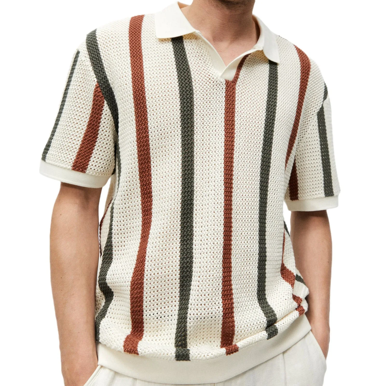 Mens Tops Chunky Cut-out Knit Striped Contrasting Woollen Casual Polo Shirt for Men