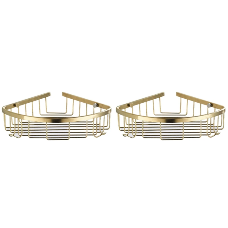 

2X Bathroom Shelves Brushed Gold Metal Shower Corner Shelf Wall Mount Shampoo Storage Shelf Rack Bathroom Basket Holder